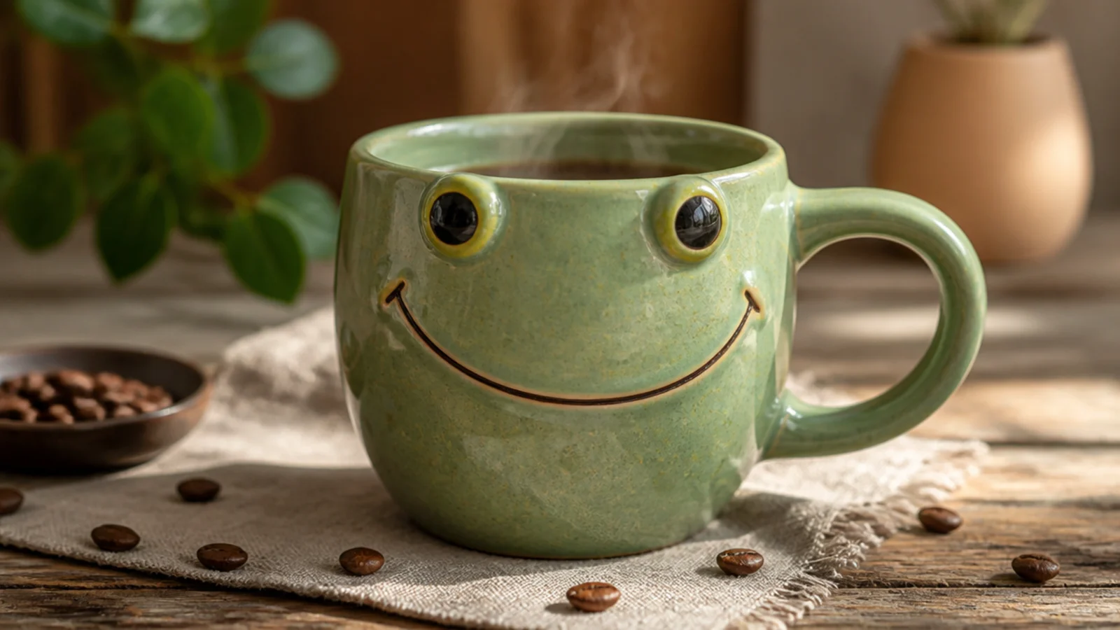 A sage-green mug with a frog face - two round eyes bulging above a wide smile - painted near the top.