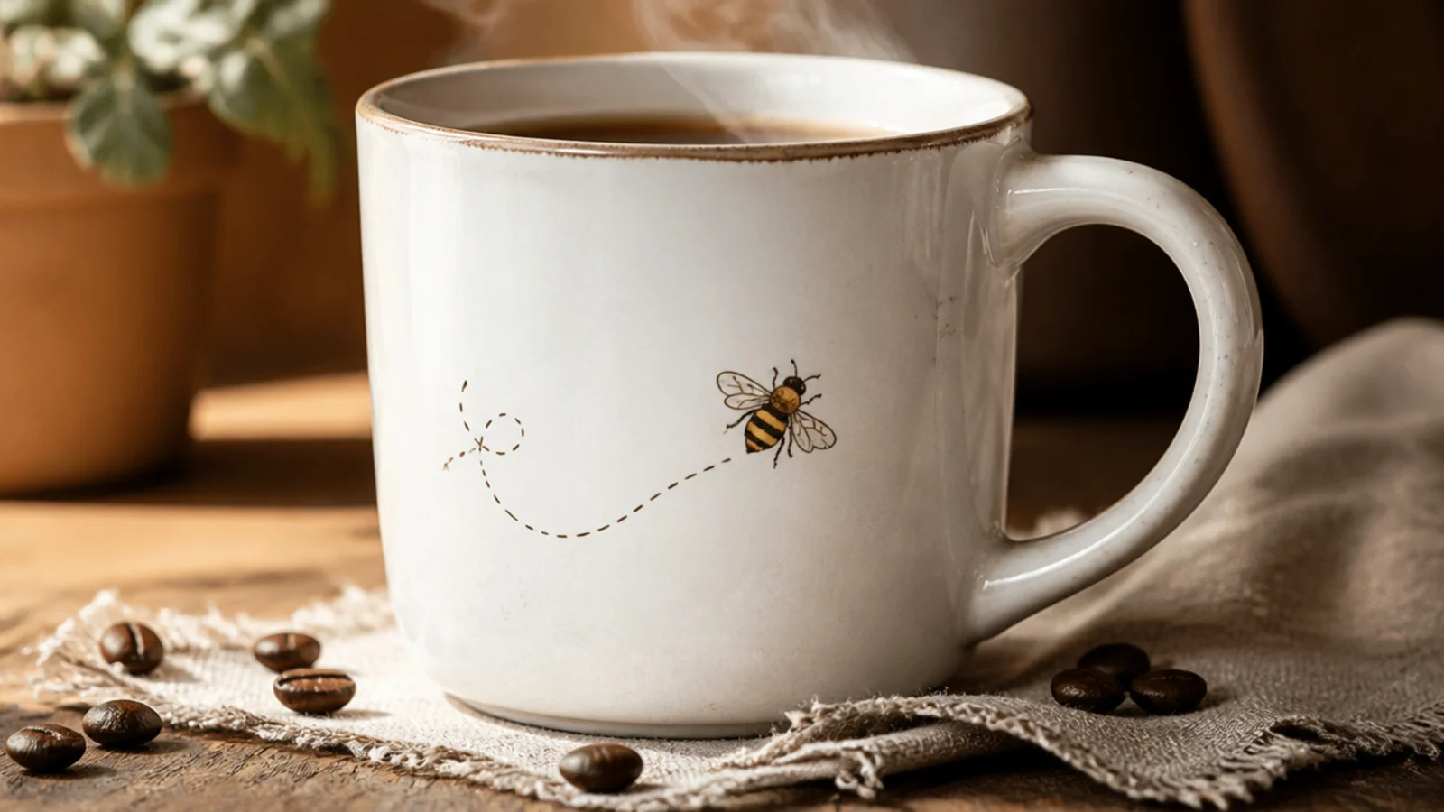 A white mug with a small round honeybee - yellow body with black stripes and tiny wings - and a dashed flight line.