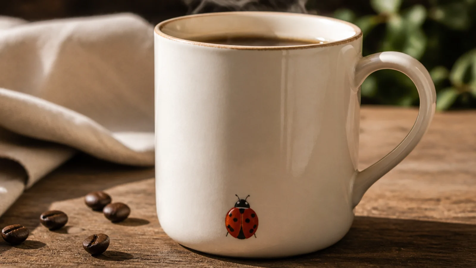 A cream mug with a small red ladybug - round red body, black head, and black spots - near the base.
