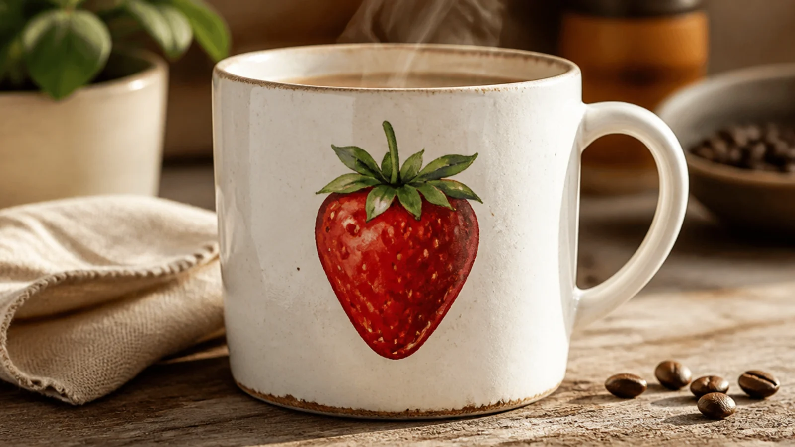 A white mug with a plump red strawberry - green leafy top and tiny seed dots - painted on the front.