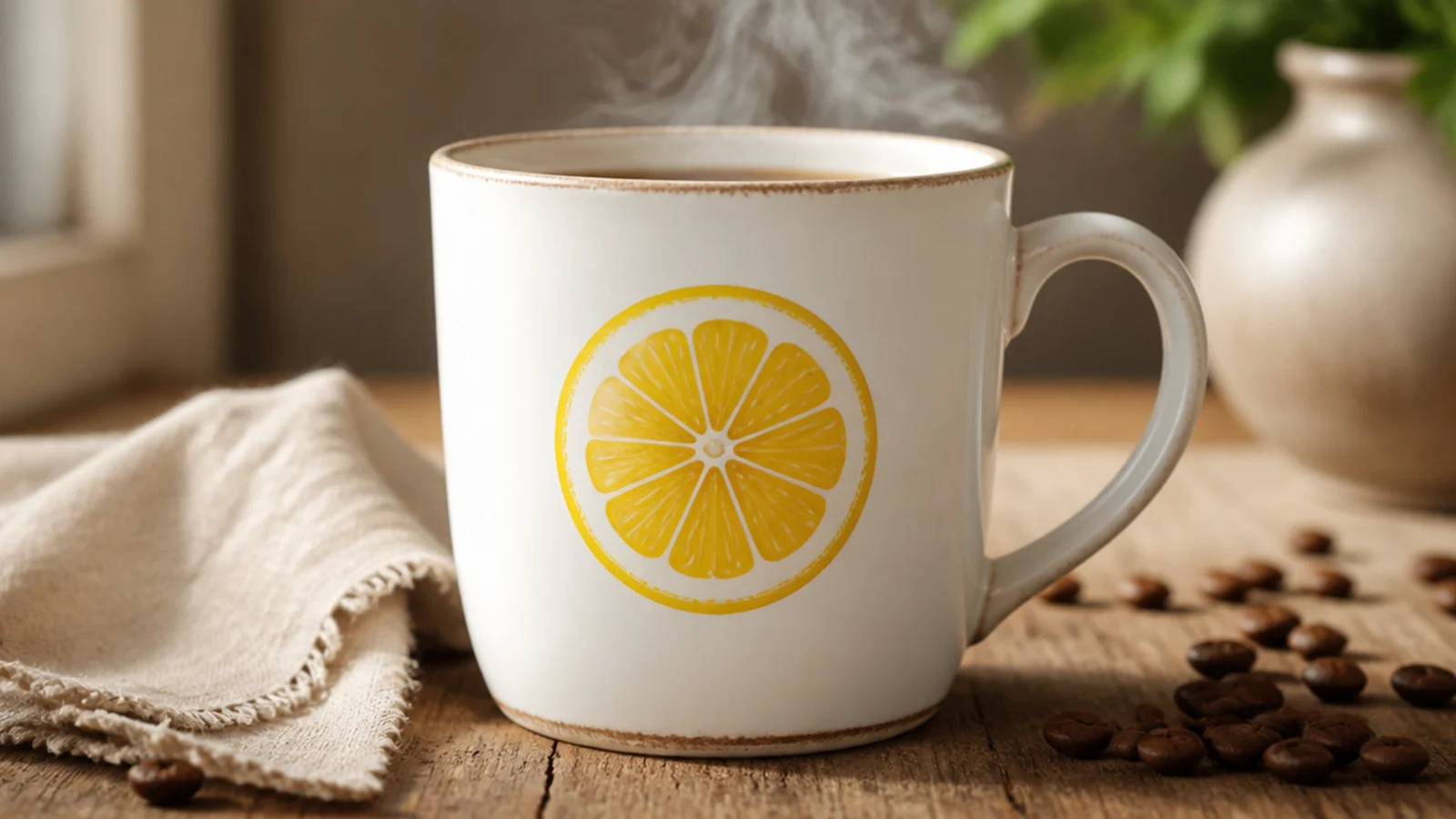 A white mug with a cheerful yellow lemon slice - segmented wedges with a white rind - on the front.