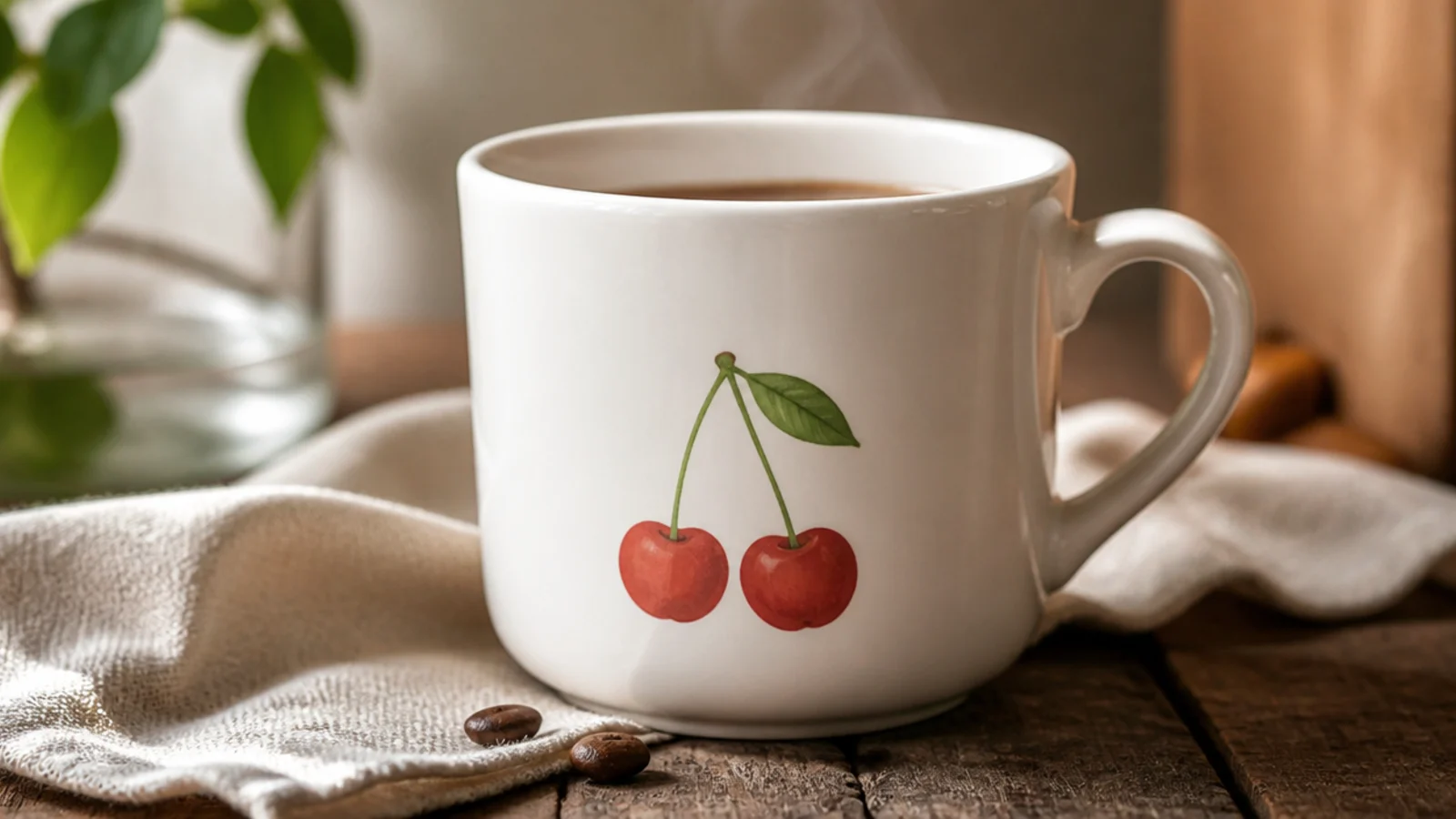 A white mug with two red cherries joined by thin green stems and a small leaf on the front.