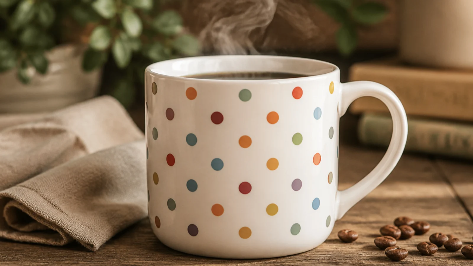 A white mug covered in evenly spaced polka dots in soft rainbow colors, uniform and round.