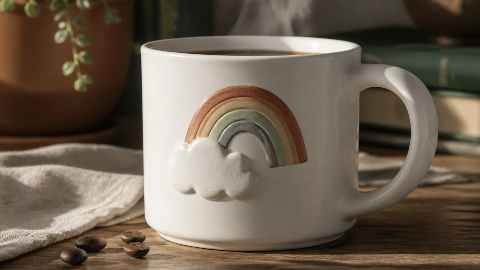 A white mug with a puffy white cloud and a small muted rainbow arching from it on the front.