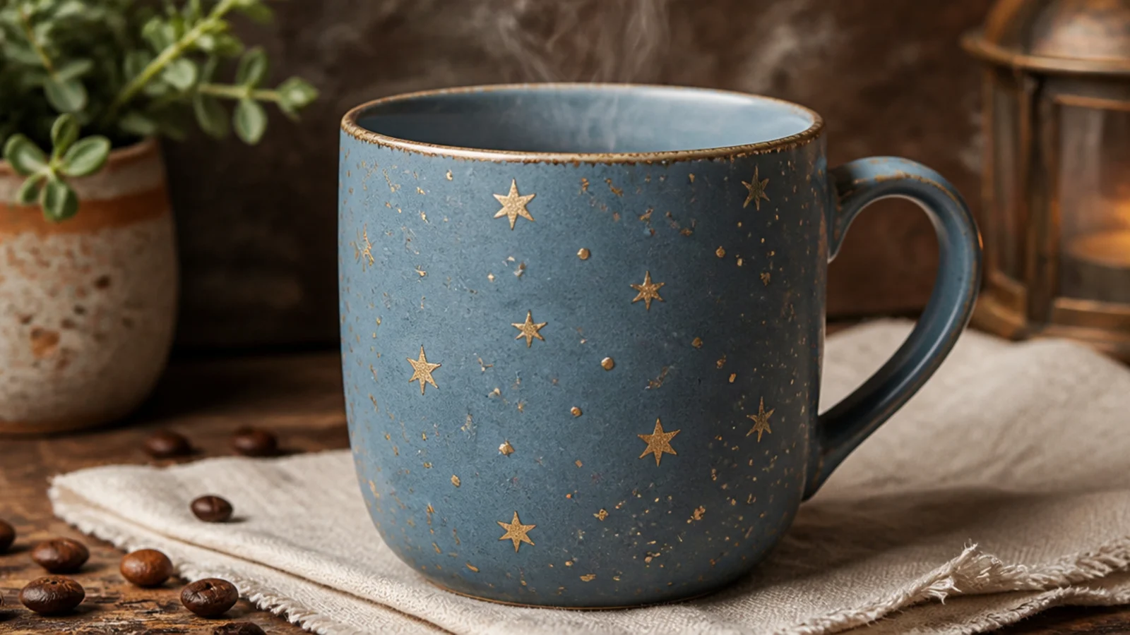 A dusty-blue mug with small gold five-point stars and tiny dots sprinkled across it.
