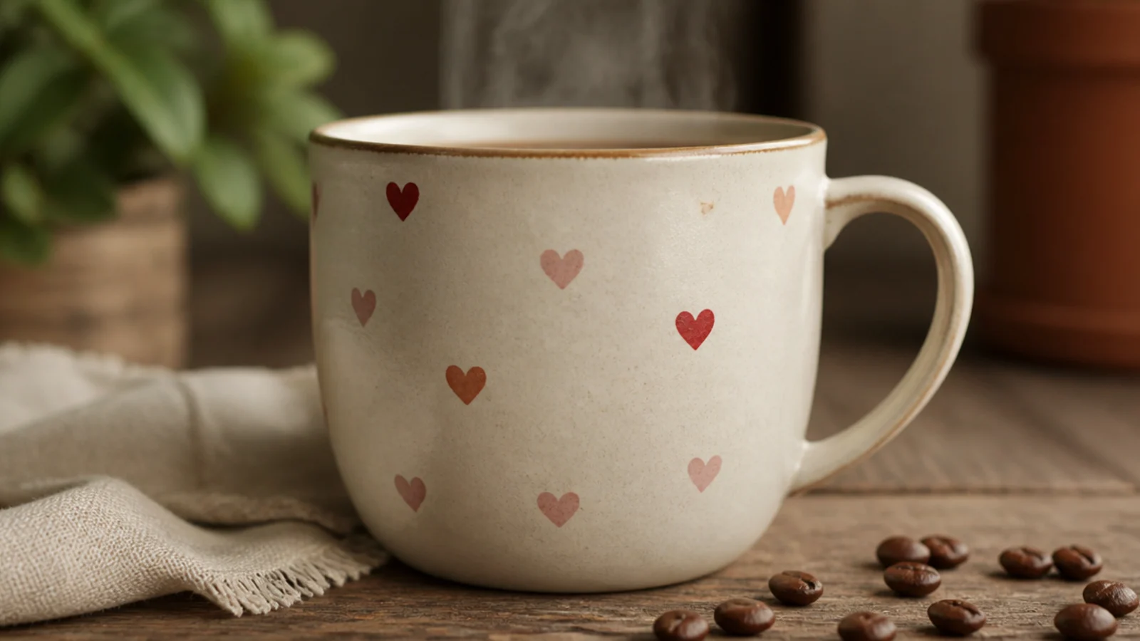 A cream mug with small blush and red hearts scattered lightly across the front and around the body.