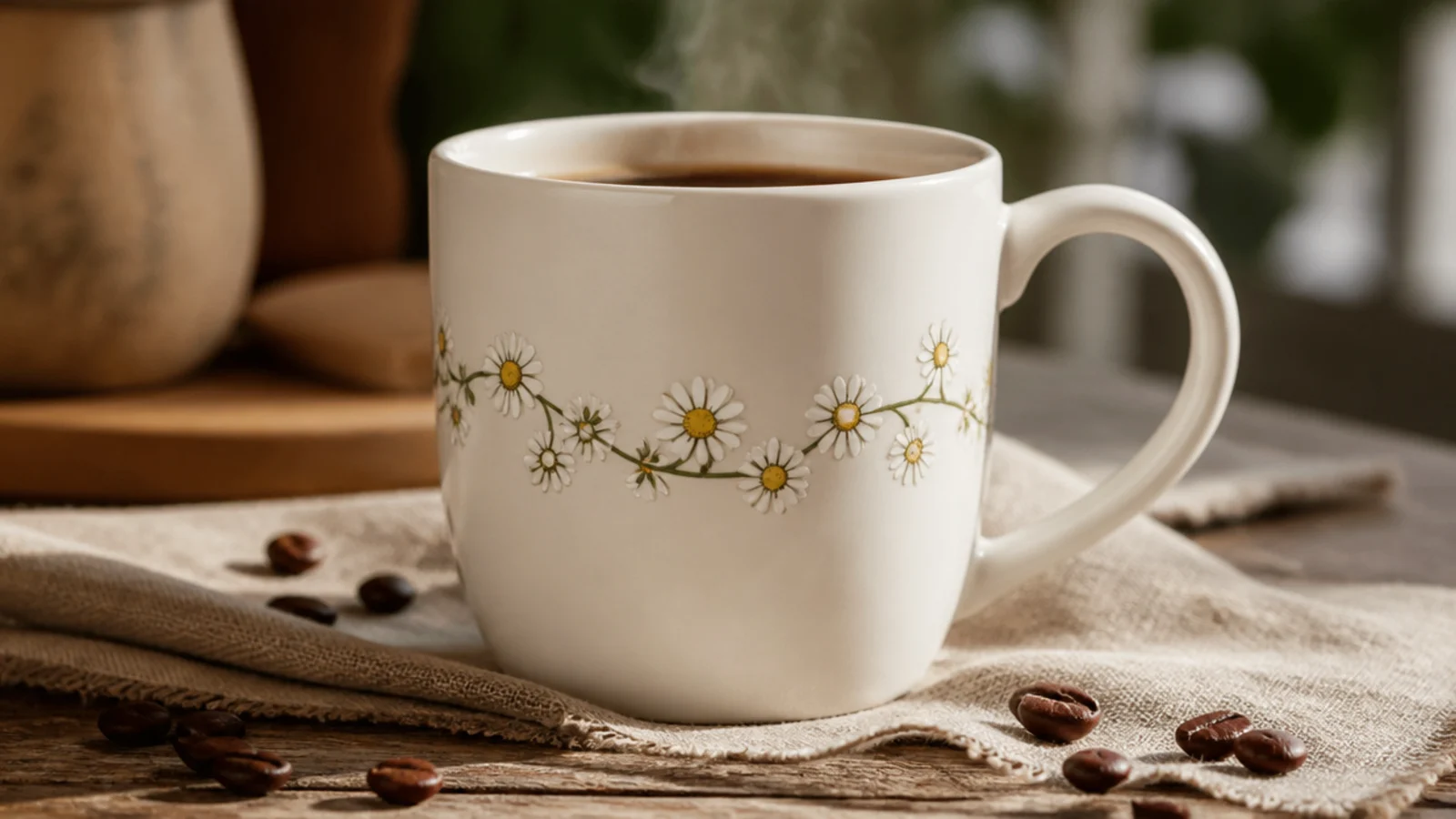 A white mug with a chain of small white daisies with yellow centers linked by a thin green vine around the body.
