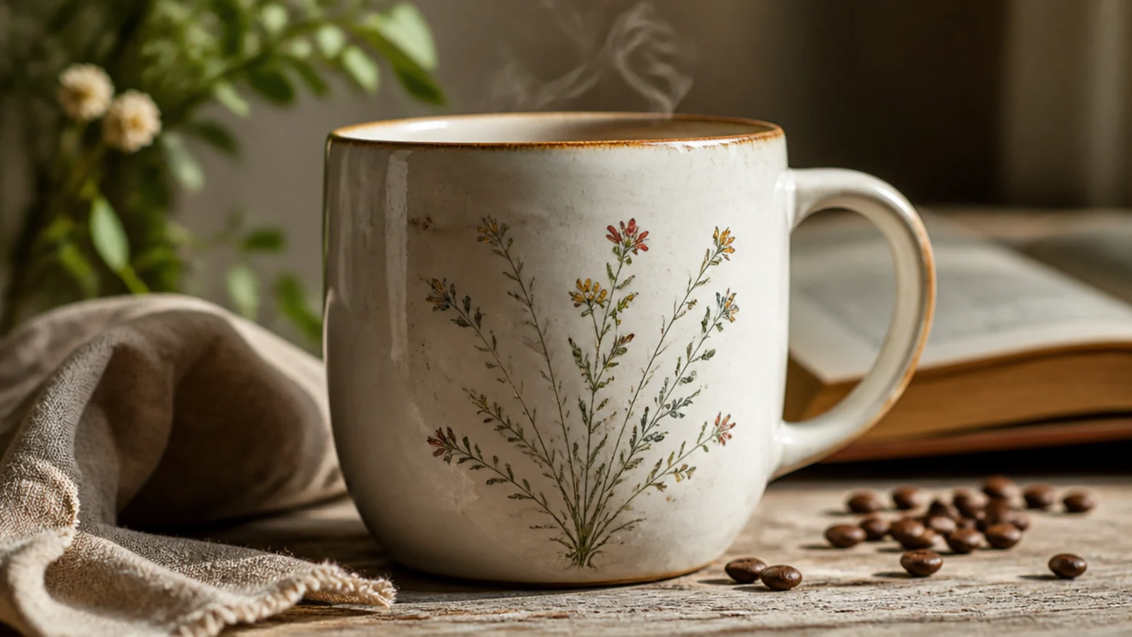 A white mug with a few delicate wildflower sprigs - thin stems with tiny colored buds - rising from the base.