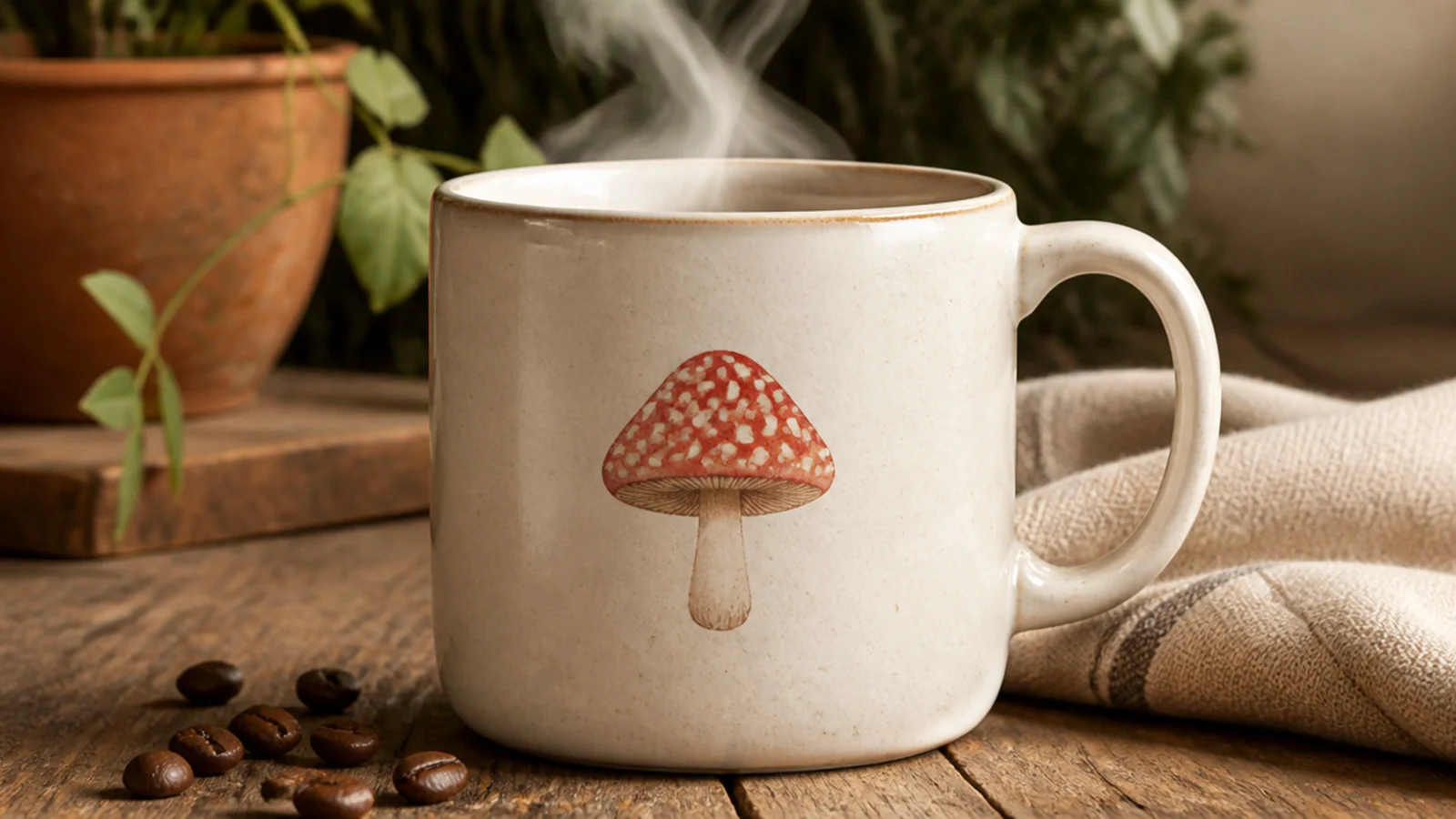 A cream mug with a red-capped white-spotted toadstool with a small cream stem on the front.