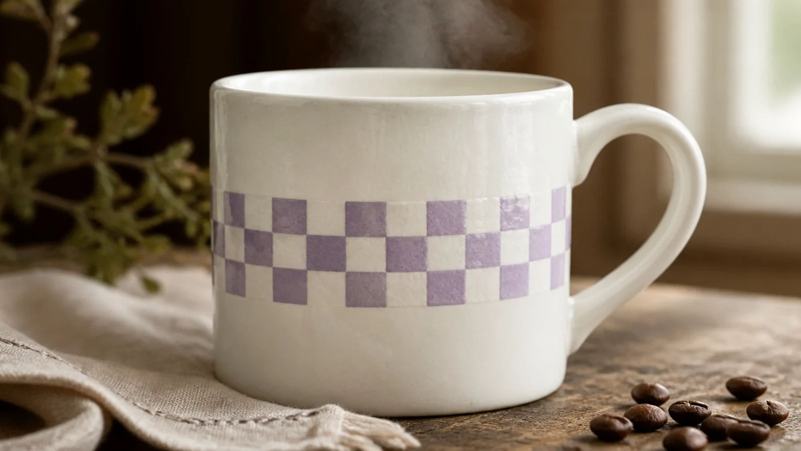 A white mug with a single band of small lavender-and-white checkerboard squares around the middle.