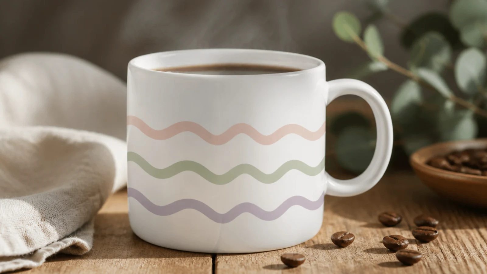 A white mug with three loose horizontal wavy squiggle lines in blush, sage, and lavender around the body.