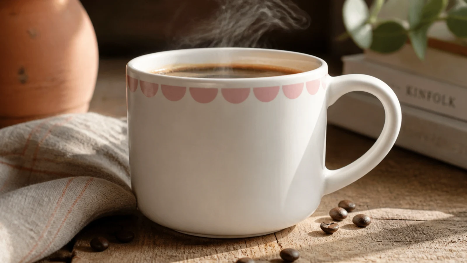 A white mug with a border of small even blush scallops painted just below the rim all the way around.