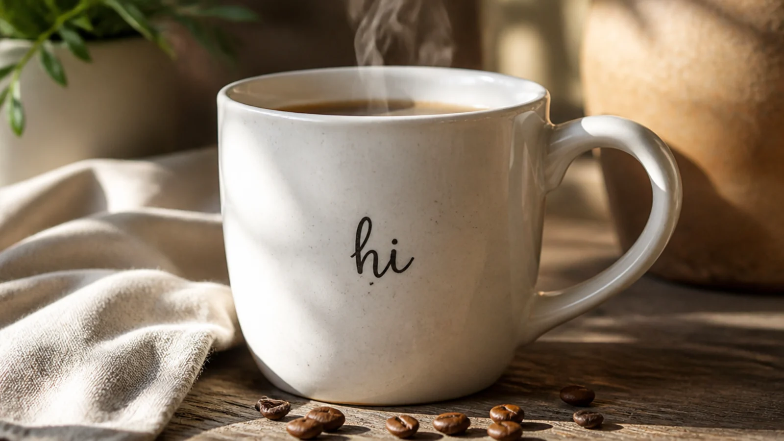 A white mug with the word hi written in a small bubbly black hand-lettering on the front.