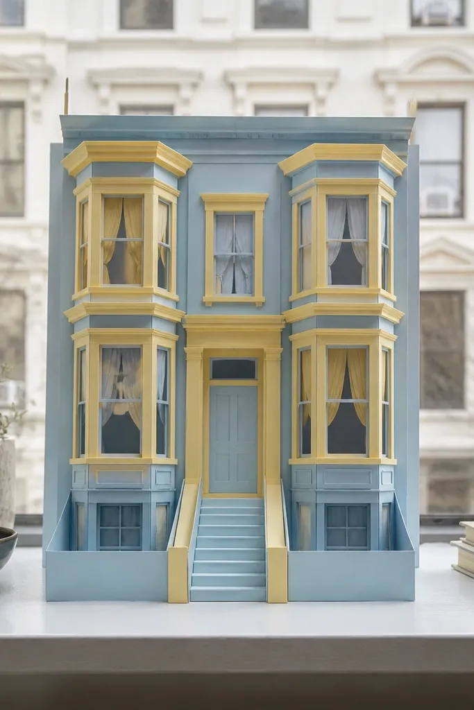 Pastel rowhouse with bay windows and a front door, ready to cut and fold
