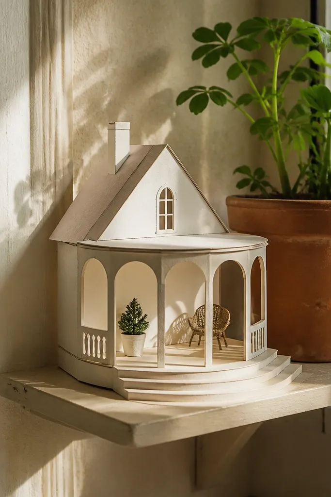 Small cottage house with a curved porch and arched door details