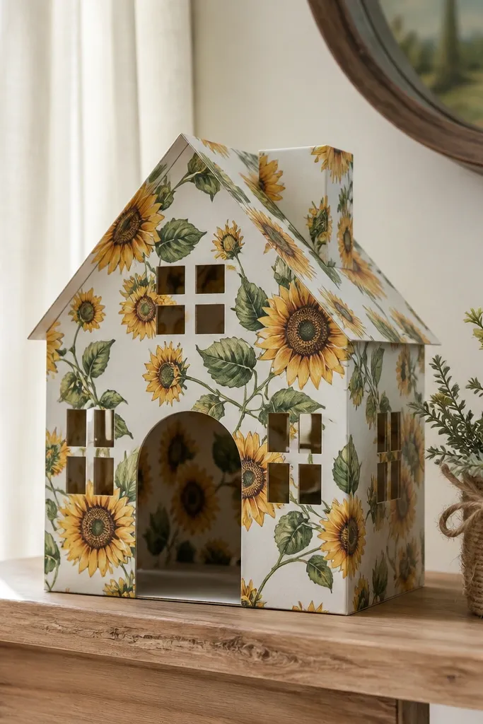 Farmhouse template with sunflower patterned walls and a front porch