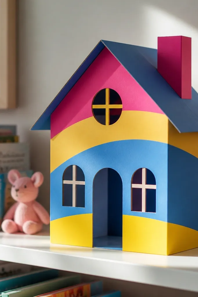 Kids room style house with rainbow stripes and playful window shapes