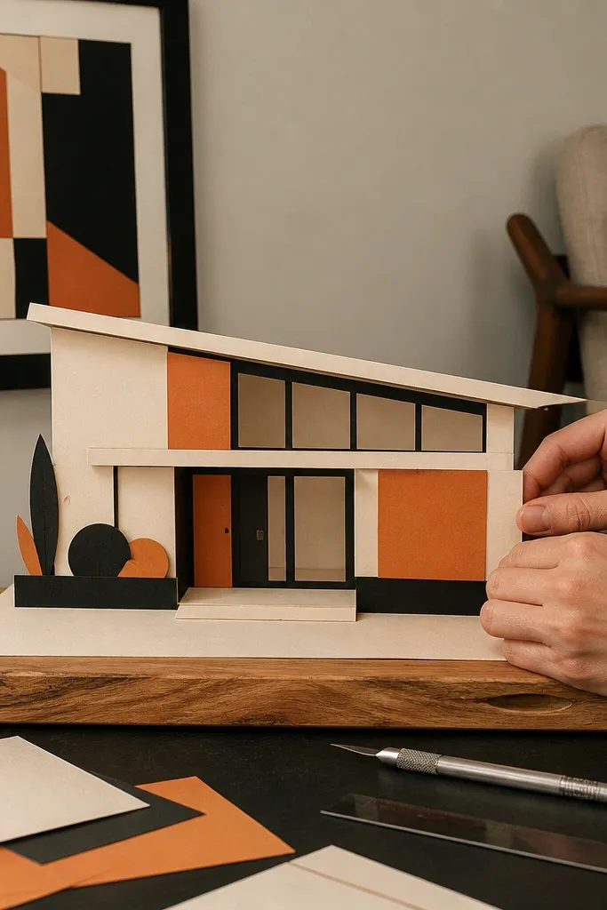 Mid-century inspired house with a slanted roof and bold window rectangles