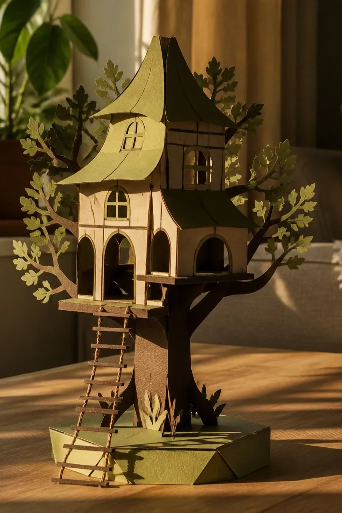 Treehouse template with rope ladder and whimsical roof details