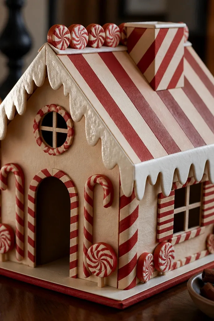 Halloween candy house template with candy stripes and gingerbread trim edges