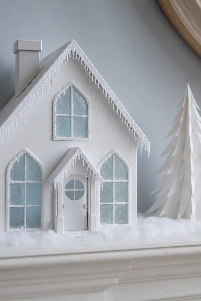 Winter house template with frosted window frames and snowy roof edge
