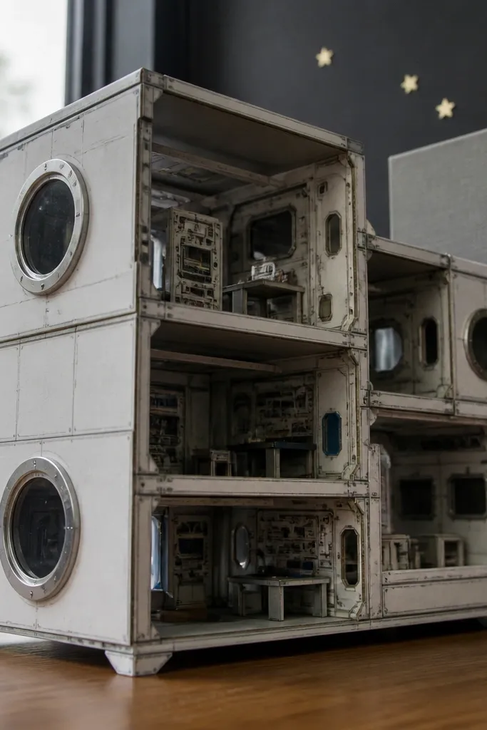 Space station style dollhouse with round portlight windows and panel lines
