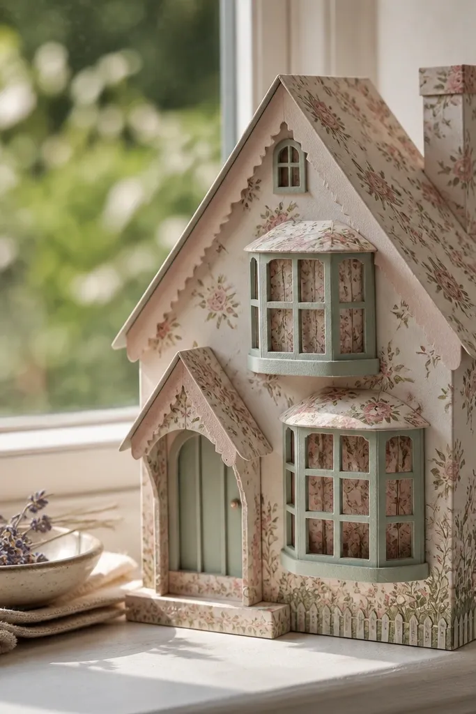 Floral cottage template with bow window frames and soft pastel flowers