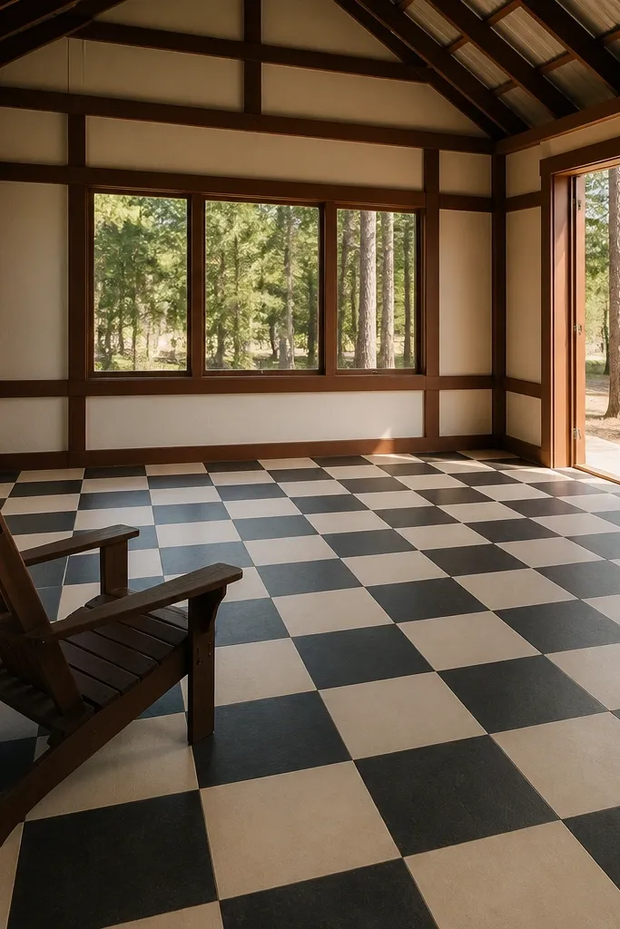 Cabin template with a checkerboard floor pattern and simple front porch