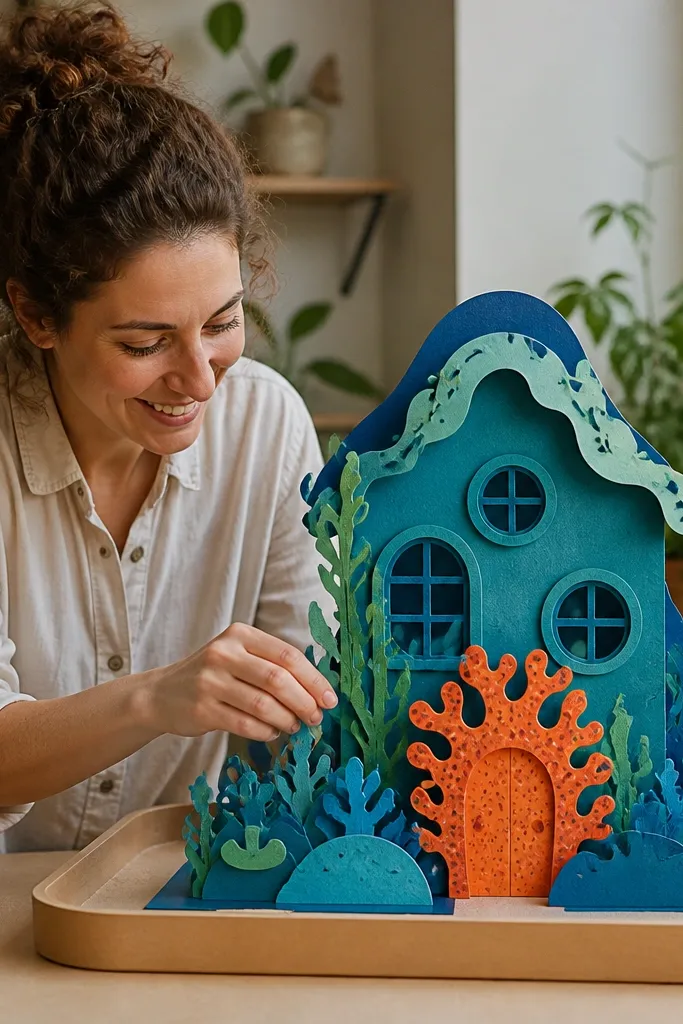 Sea-themed house template with coral door and wave-shaped window trims