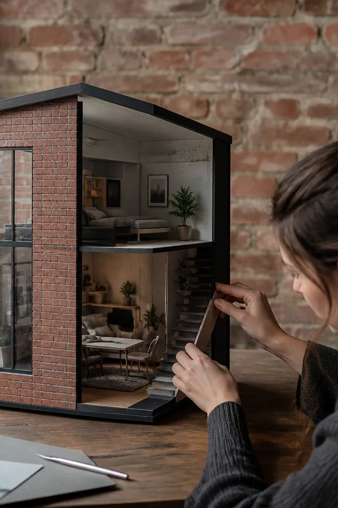 Loft apartment house template with brick wall panel texture and tall windows