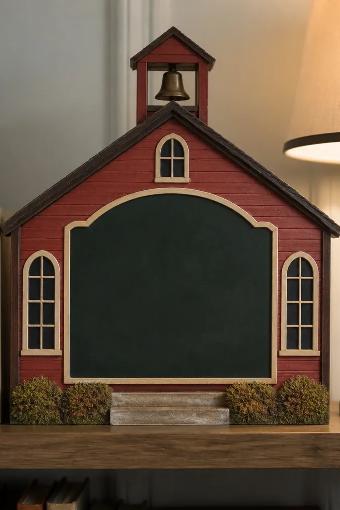 Schoolhouse template with a chalkboard front panel and rounded window tops