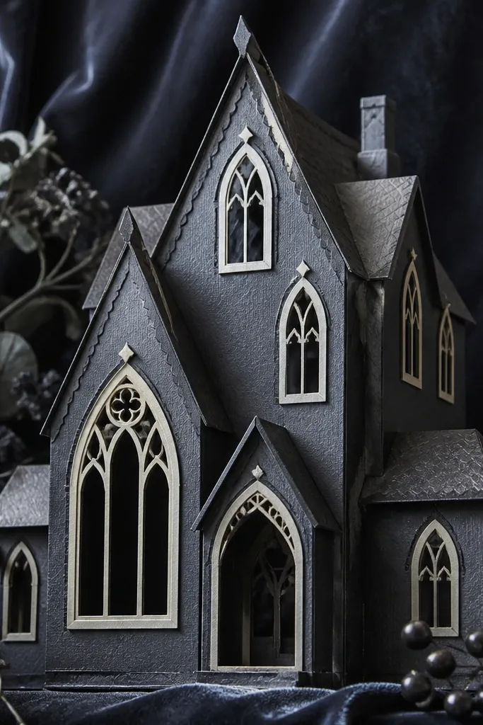 Gothic cottage template with pointed arch windows and dark trim edges