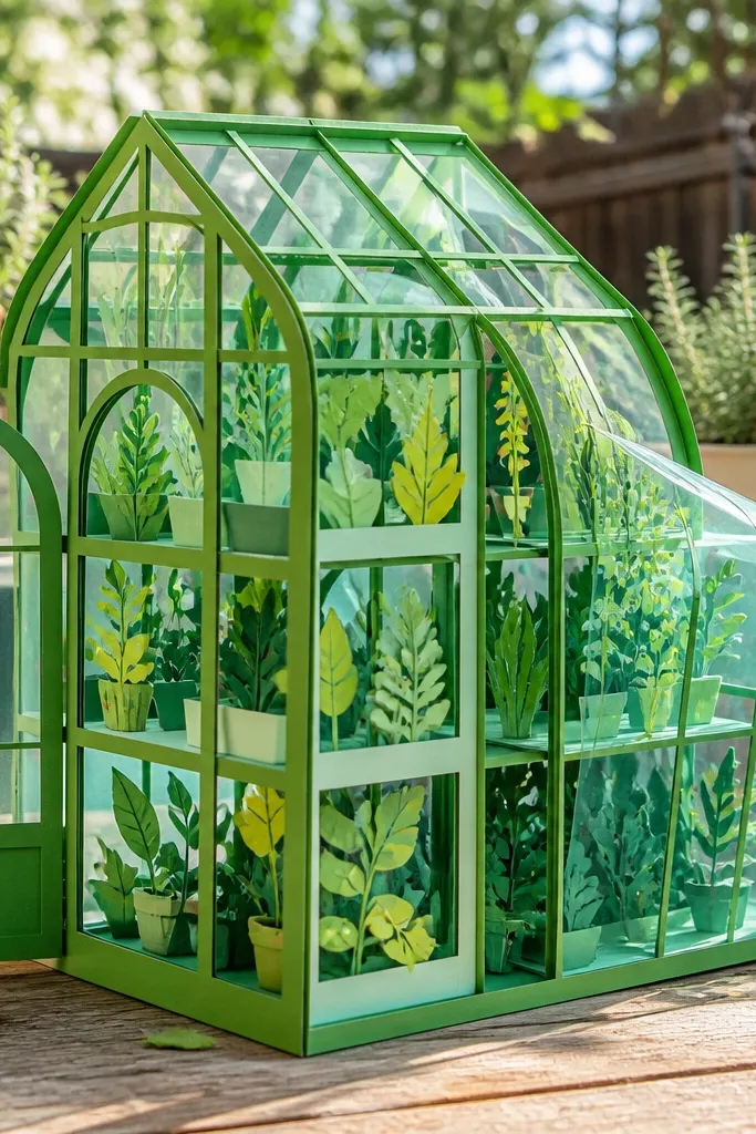 Greenhouse house template with openable panels and plant shelf lines