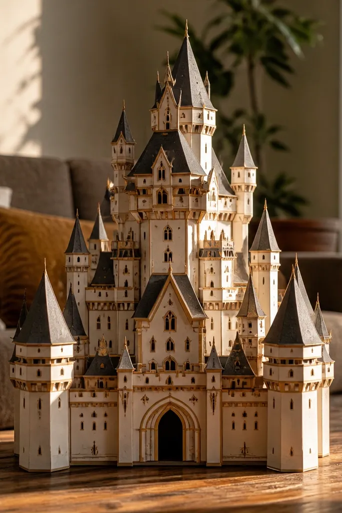 Castle-style house template with small turrets and layered roof pieces