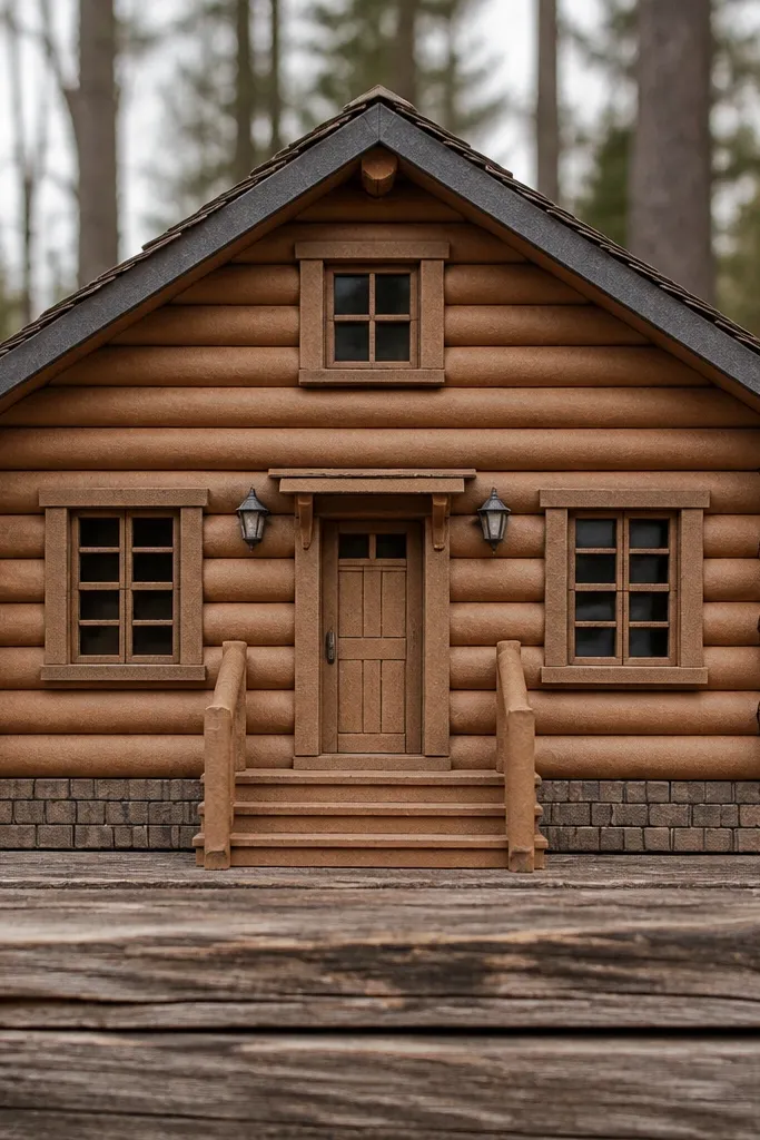 Cabin template with stacked log wall pattern and warm front door