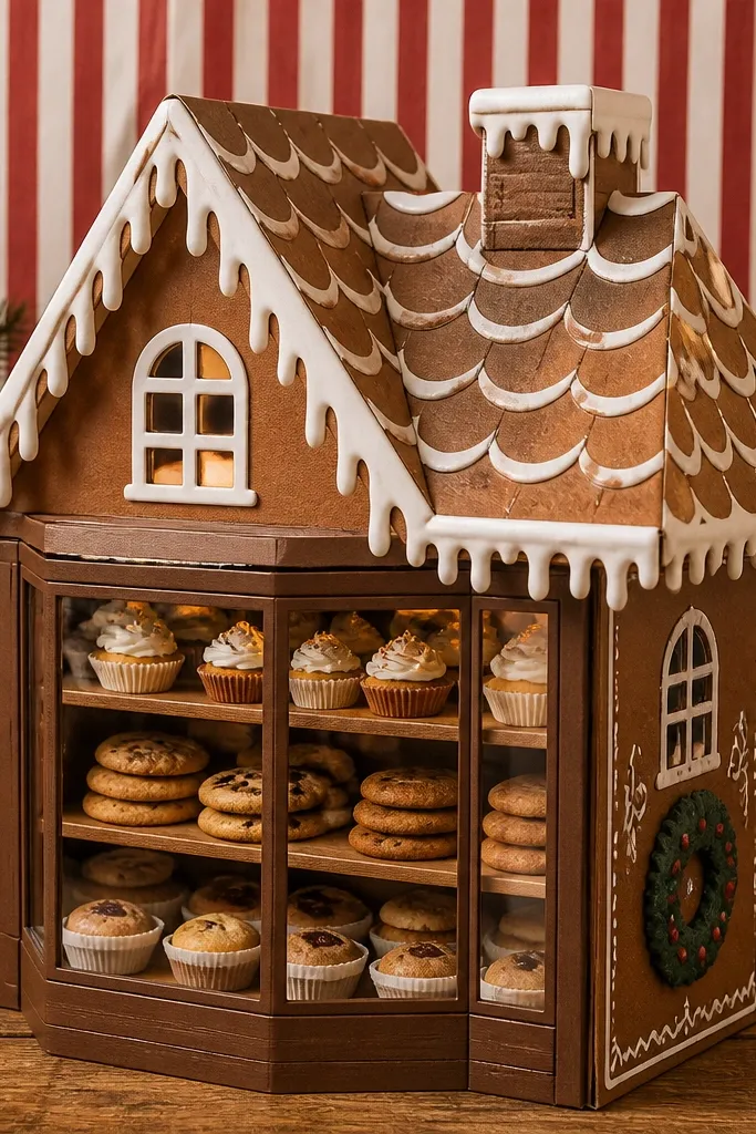 Paper doll house with scalloped roof and icing-drip trim, bakery front door