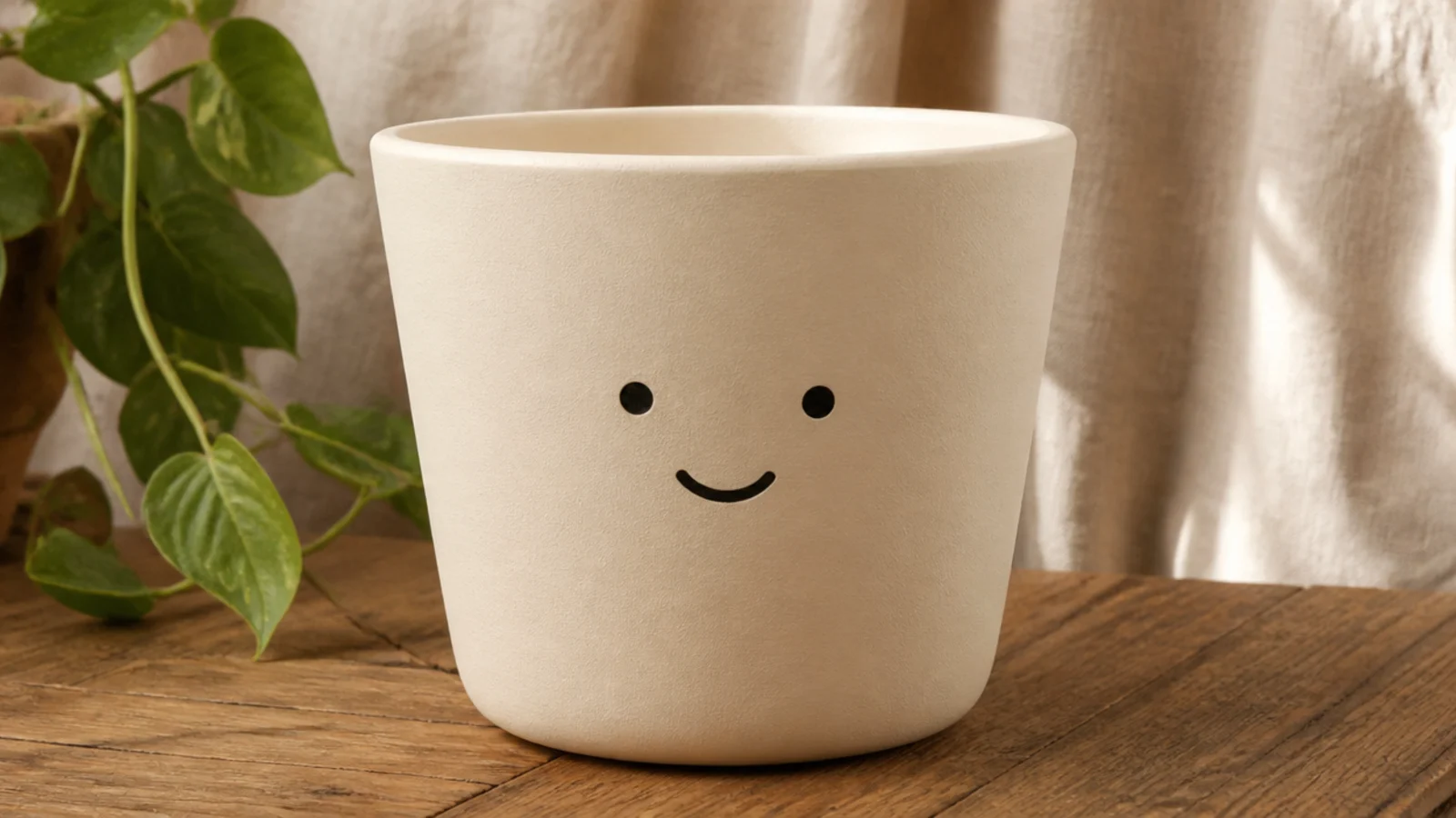 A cream pot with a simple smiley face on the front, two small black dot eyes and a short curved black smile.