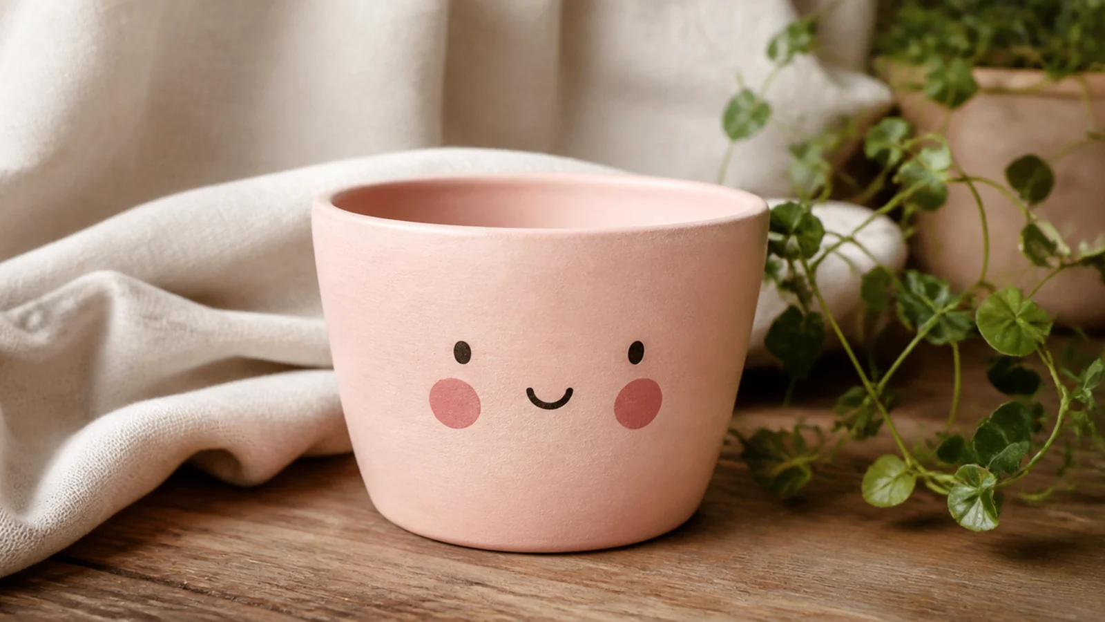 A soft blush pot with a shy face, two small dot eyes, a tiny smile, and two round pink blush cheeks.