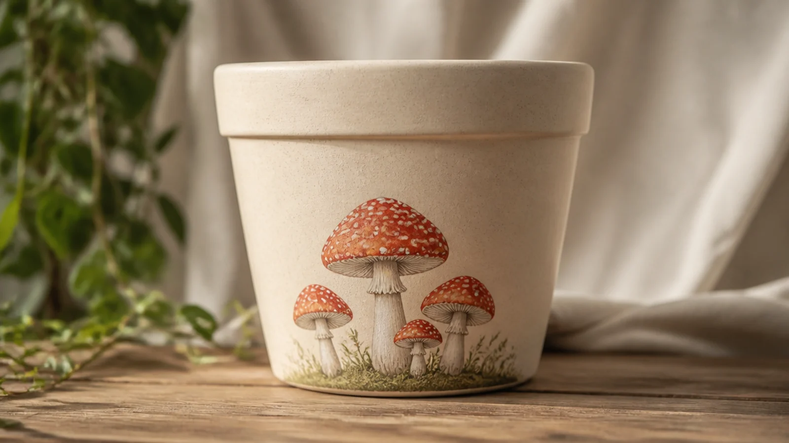 A cream pot with a small cluster of red-capped white-spotted toadstool mushrooms painted near the base.