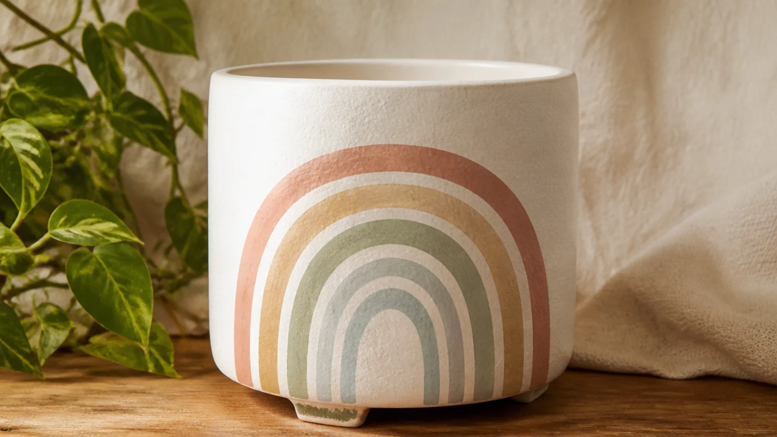 A white pot with a small nested rainbow arch of muted pastel bands painted on the front-facing side.