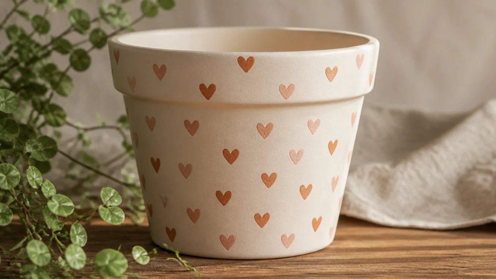 A cream pot covered in small hand-painted terracotta and blush hearts scattered evenly across the body.