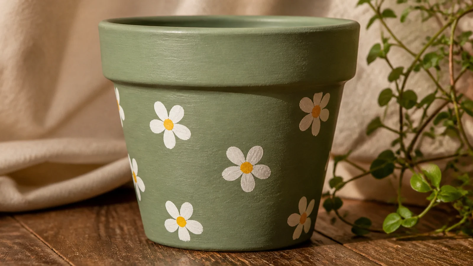 A sage pot decorated with simple white five-dot daisies, each with a yellow center, scattered around the body.
