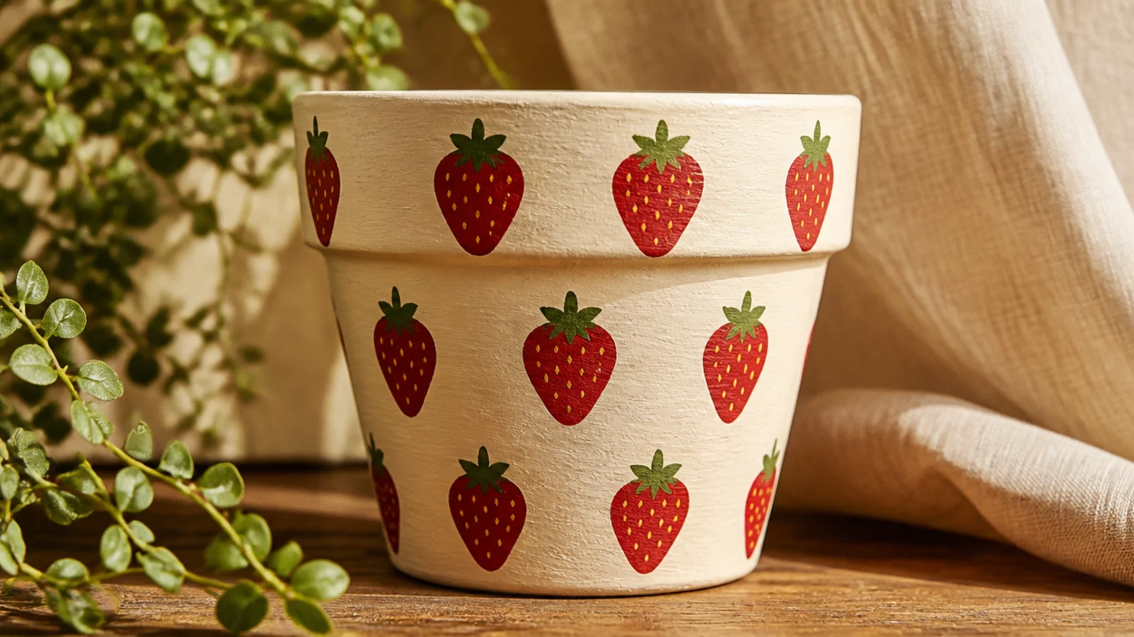 A cream pot painted with small red strawberries, each with tiny yellow seed dots and a little green leafy top.