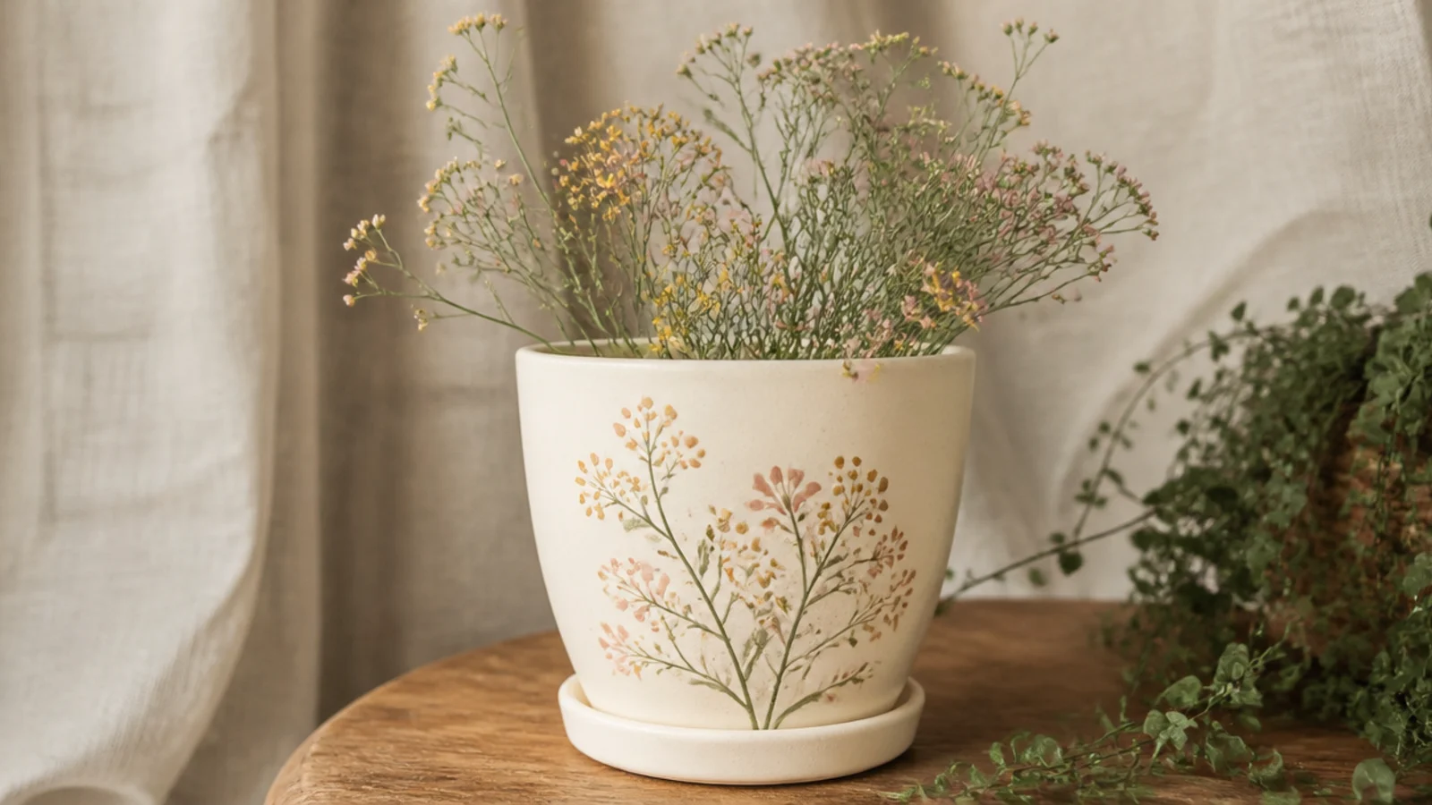 A cream pot with a delicate sprig of tiny wildflowers, thin green stems with small blush and yellow dot blooms.
