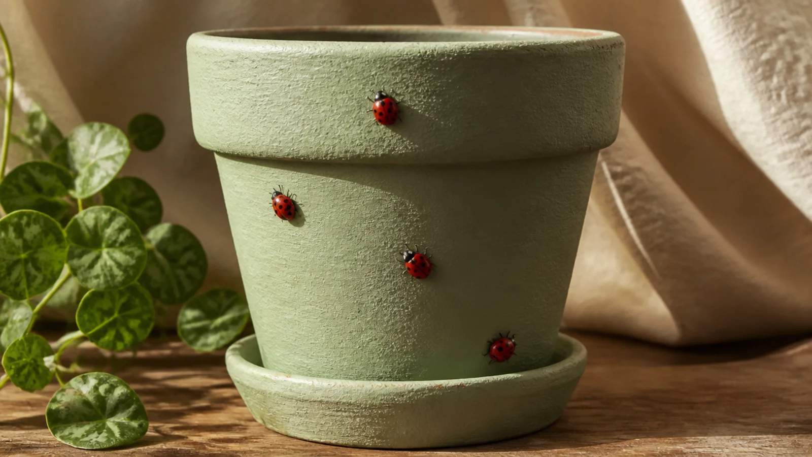 A pale green pot with a few small red ladybugs, each with black spots and a black head, crawling across the body.