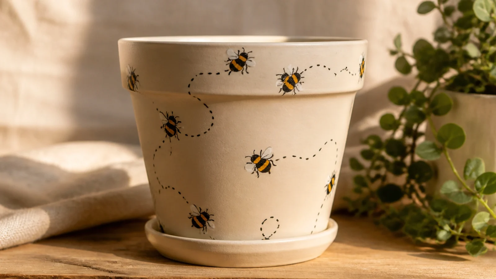 A cream pot with small round bumblebees, yellow-and-black striped bodies with tiny white wings and dotted flight trails.