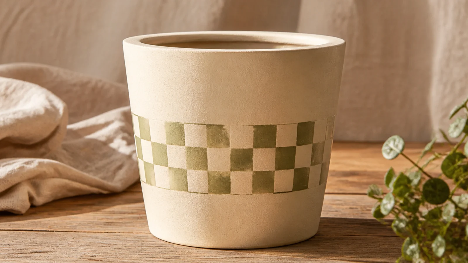 A cream pot with a single band of small sage-and-cream checkerboard squares wrapping around the middle.