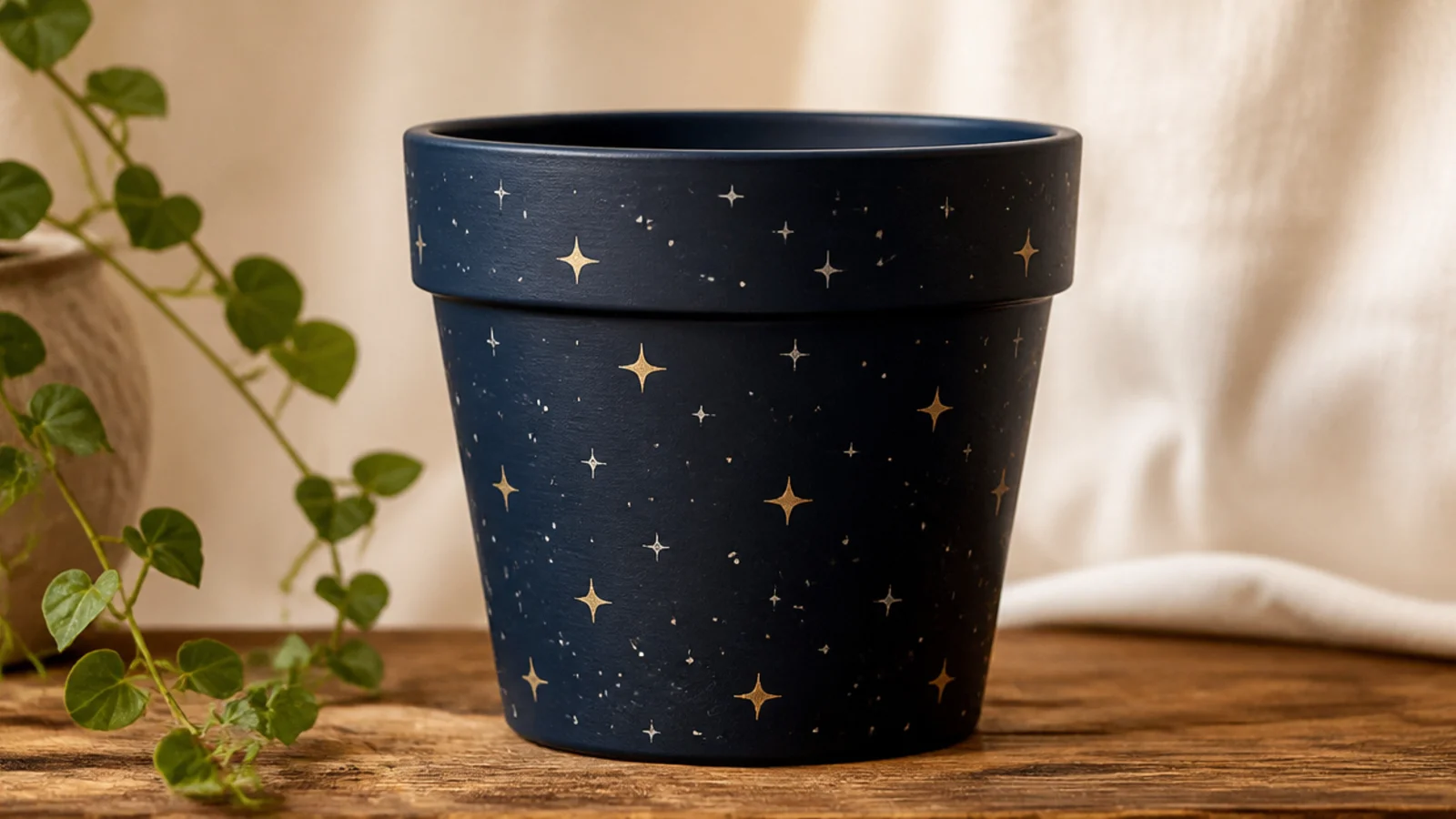 A navy pot scattered with small cream and gold four-point stars and tiny dots across the body.