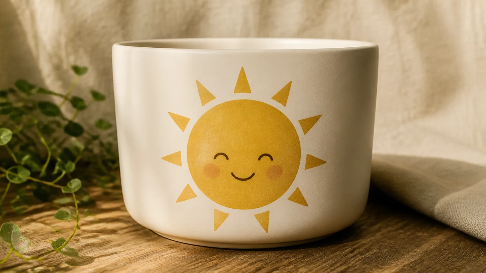 A cream pot with a golden-yellow sun, short ray triangles around it, and a small happy face with blush cheeks in the center.