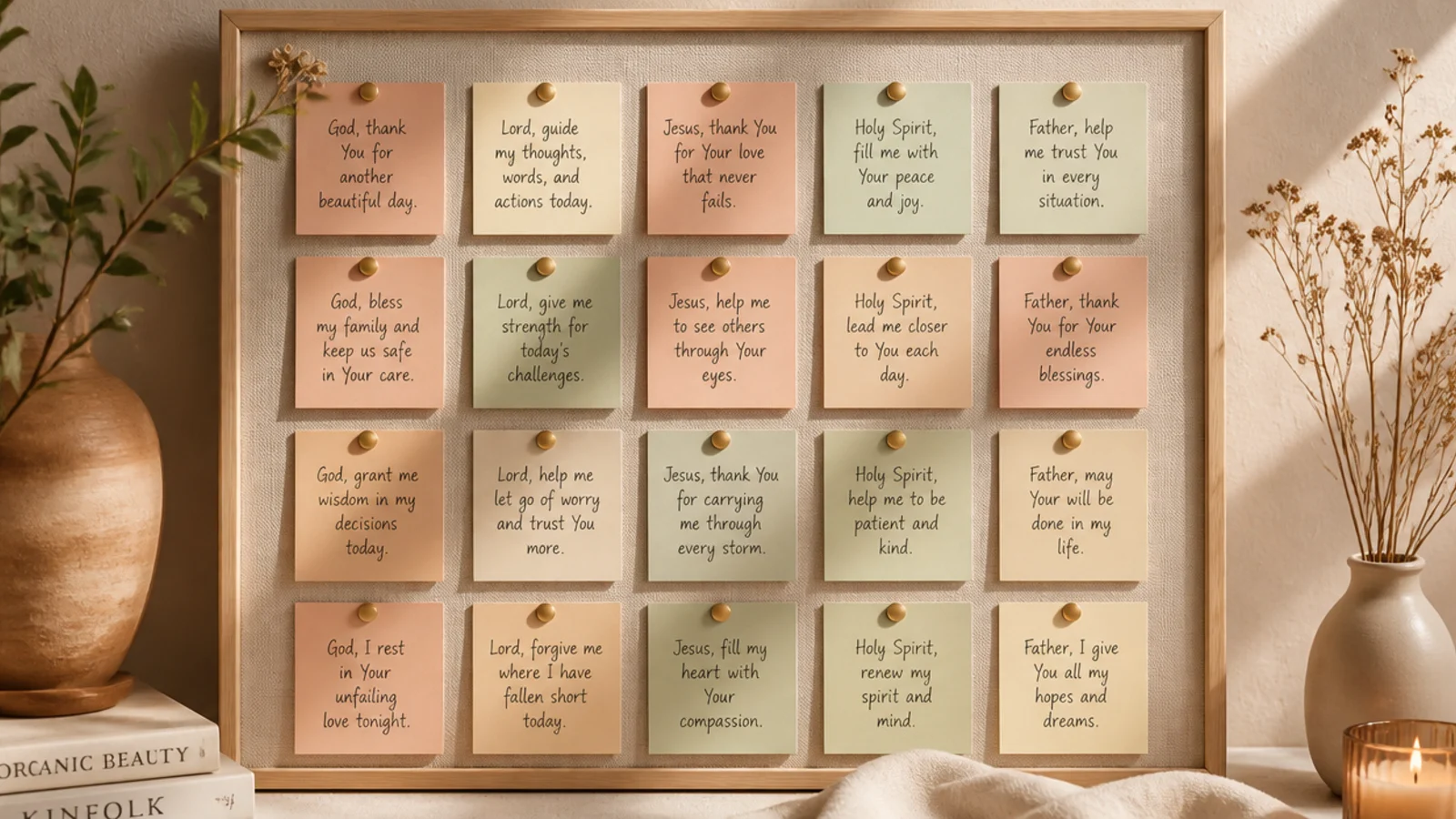 A small board covered in neatly aligned pastel sticky notes in blush, mint, and cream, one prayer each.